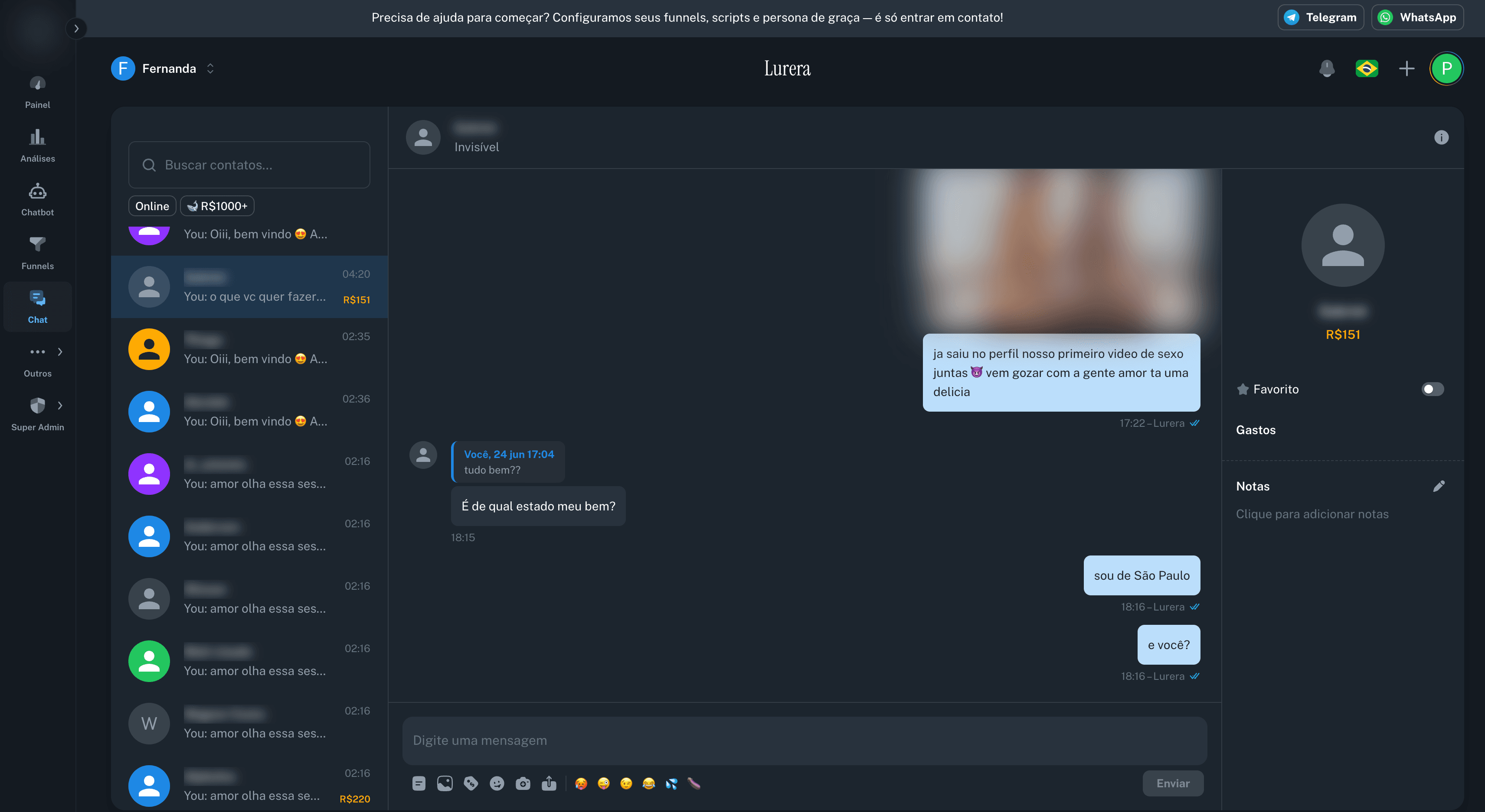 Lurera chat interface for Privacy showing conversation history and fan spending details