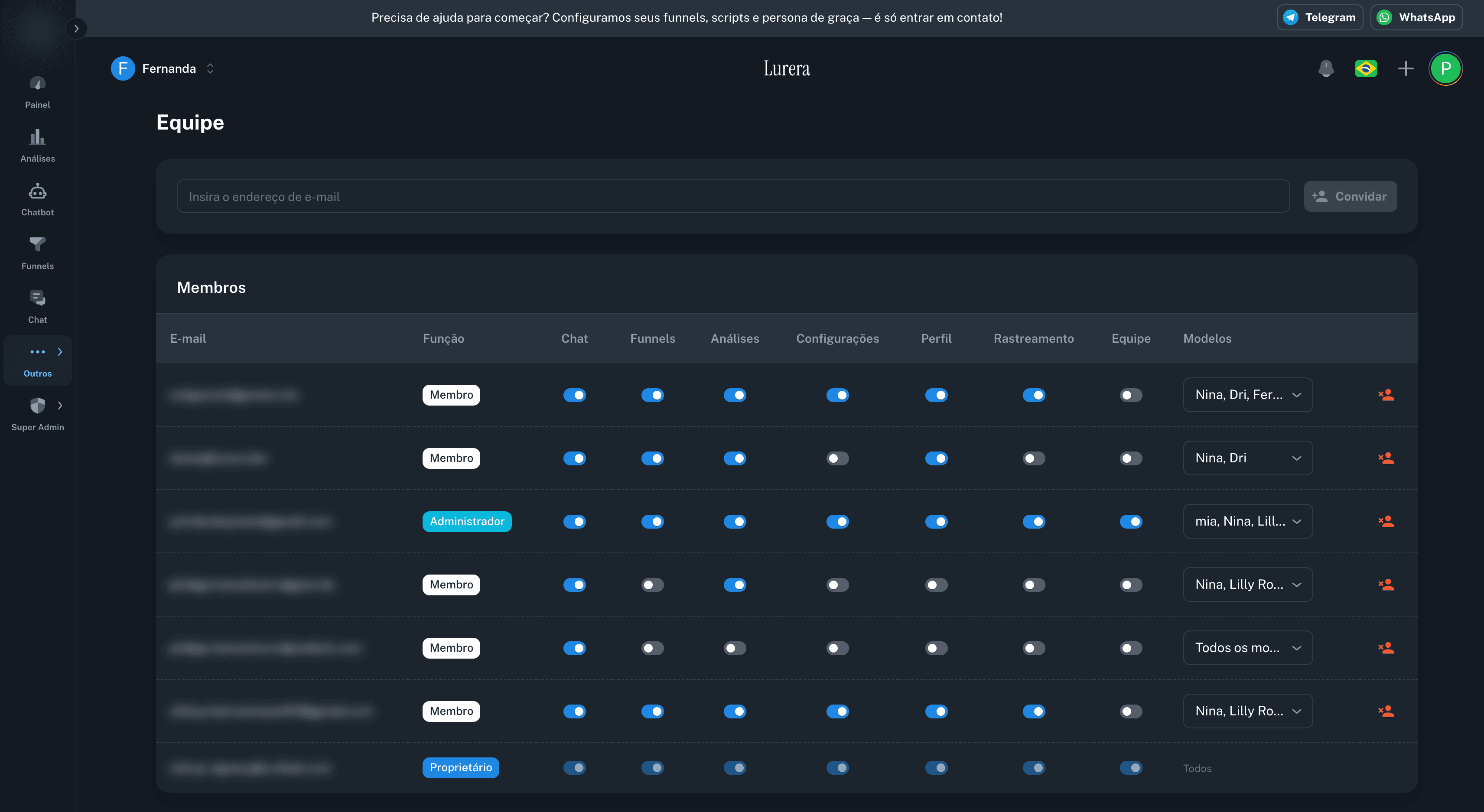 Lurera team management page showing role-based permissions per team member