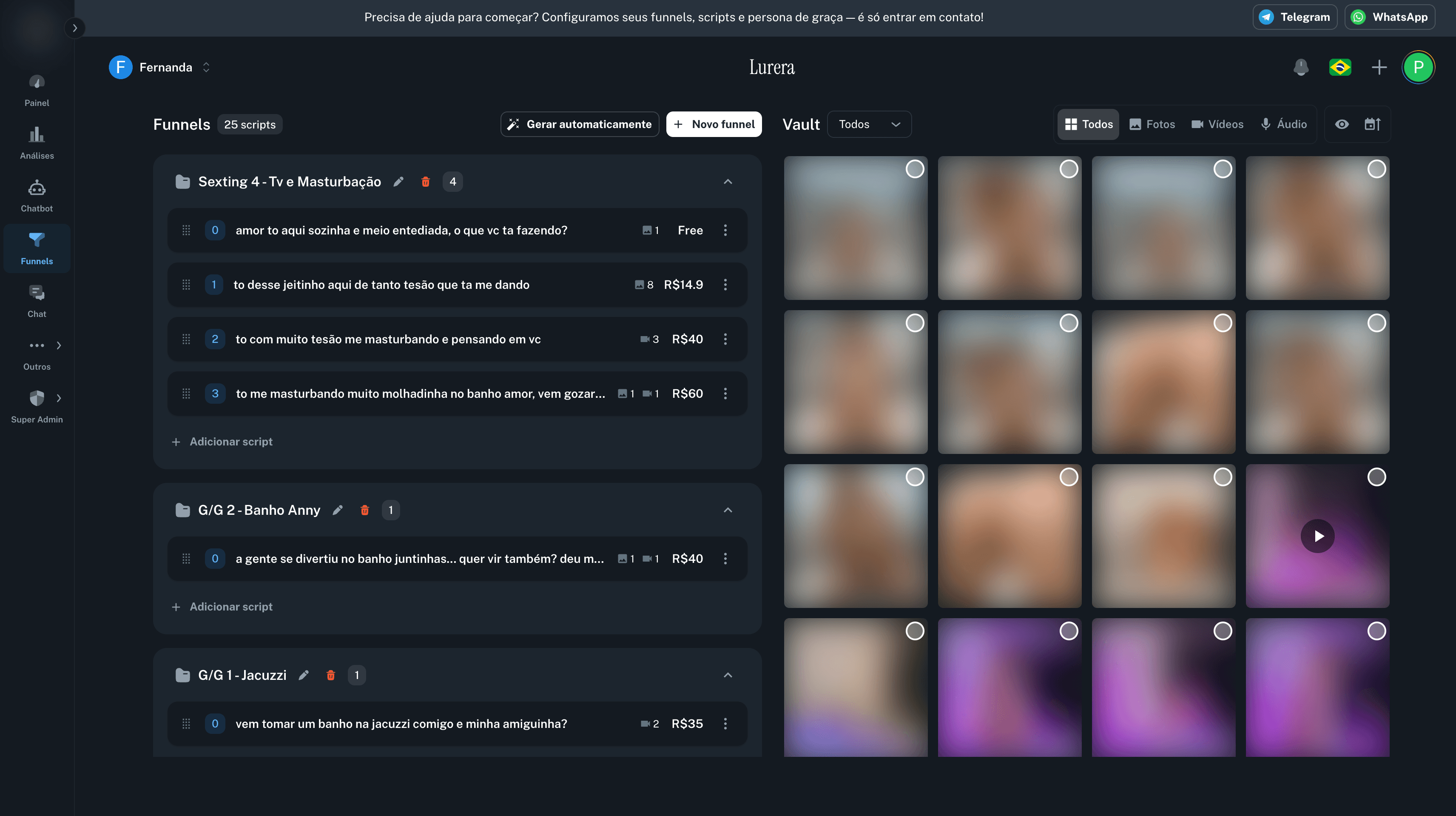 Lurera funnels and vault for Privacy with drag-and-drop content organization and pricing per step