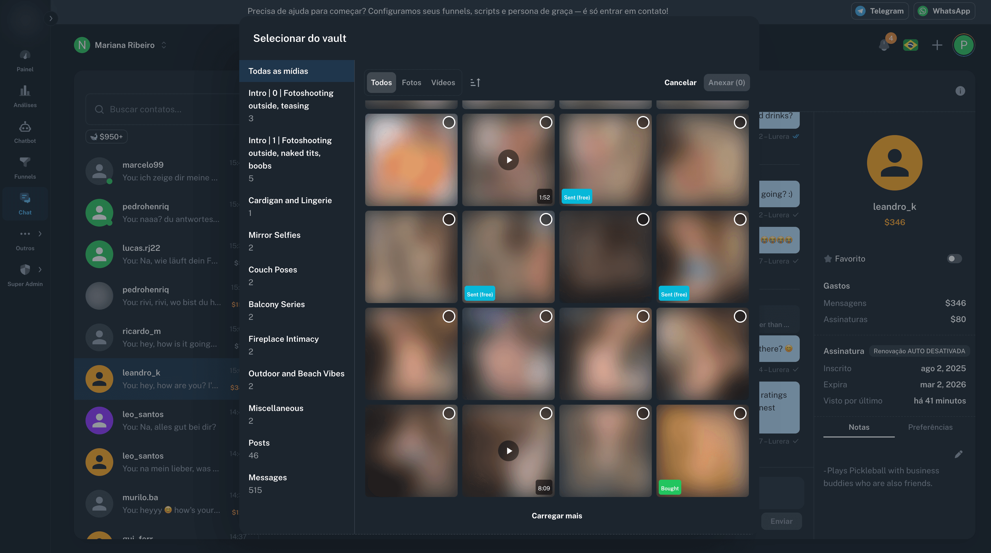 Seletor de vault no chat da Lurera para Privacy mostrando seleção de conteúdo